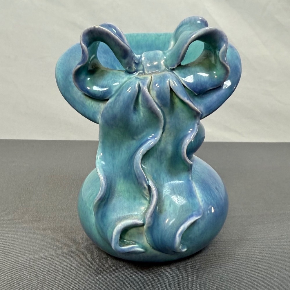 Turquoise‎ Blue Ceramic Bow Vase Vintage Studio Pottery Unique Accent Decor